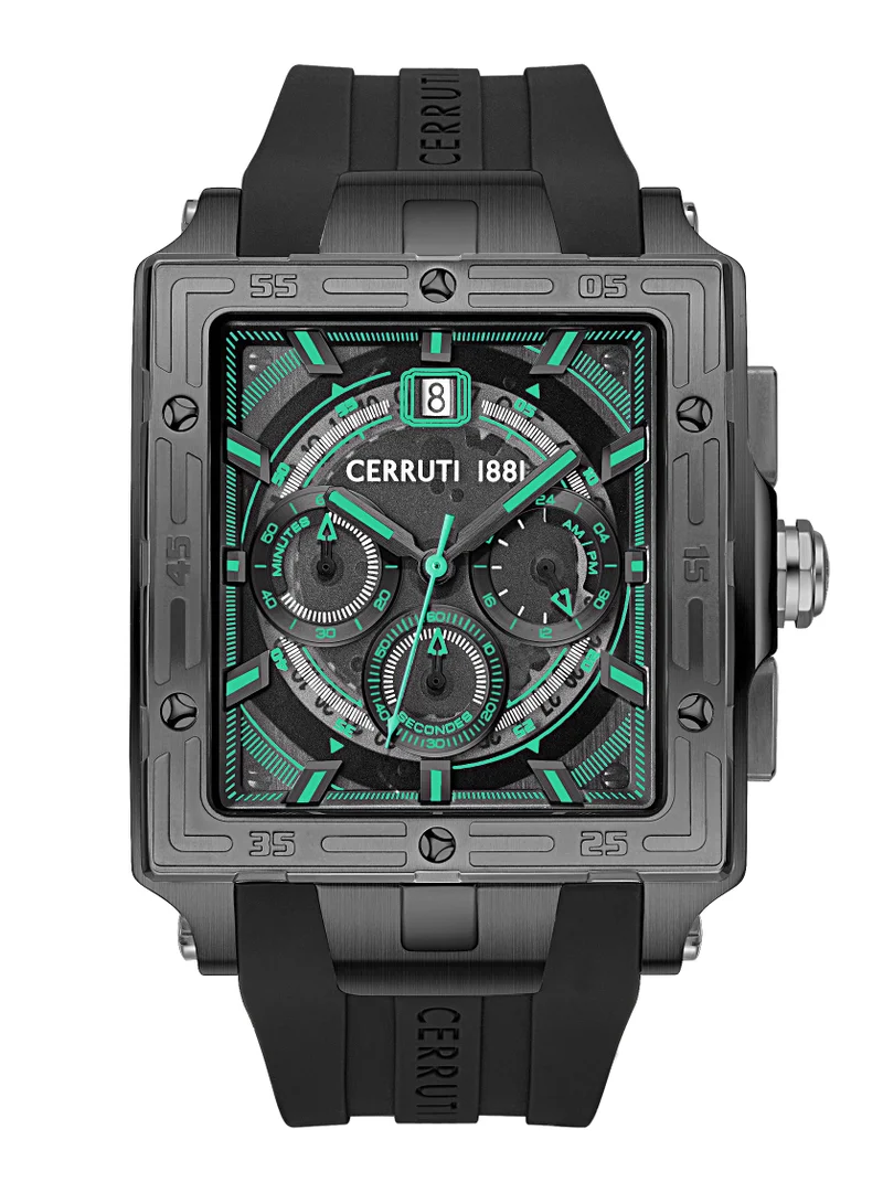 Odissea Chronograph Watch for Men - Square Case, Black Smoke Dial, Black Silicone Strap