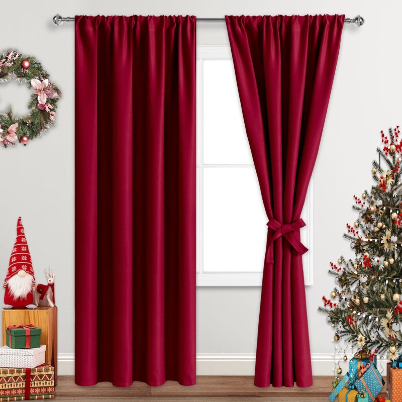 JIUZHEN Christmas Blackout Curtains for Bedroom - Thermal Insulated Room Darkening Rod Pocket Curtains for Living Room  Set of 2 Panels with Tiebacks  42 x 84 Inch Length  Red - Image 1