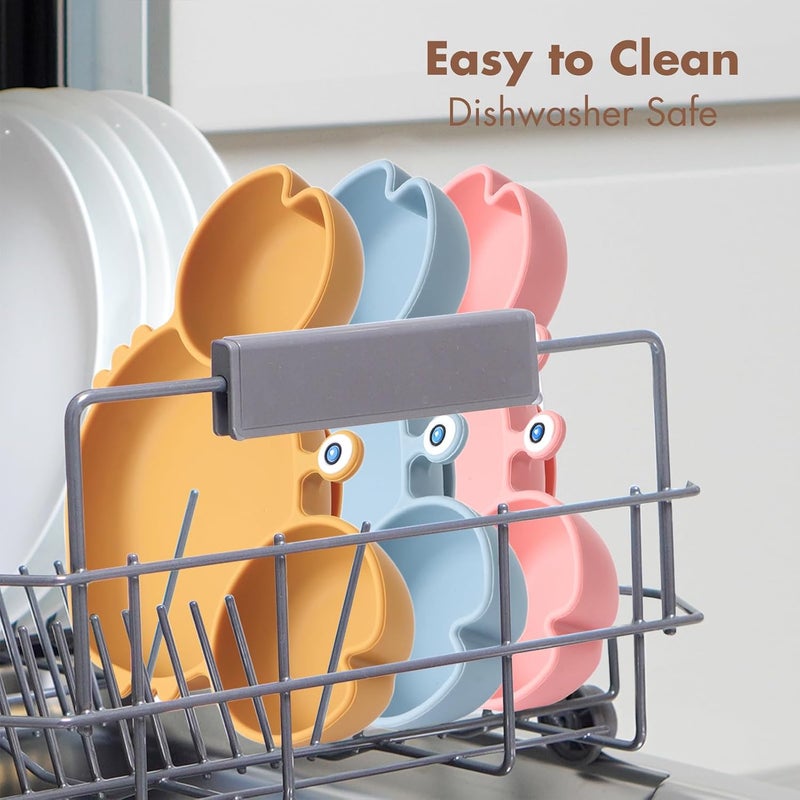ROCCED Suction Plates for Baby, Silicone Plates with Suction Divided, Baby Spoon Fork Set for Toddler Baby Dishes Kids Utensils-Crab Dusty Blue - Image 4