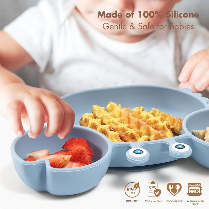 ROCCED Suction Plates for Baby, Silicone Plates with Suction Divided, Baby Spoon Fork Set for Toddler Baby Dishes Kids Utensils-Crab Dusty Blue - Image 2