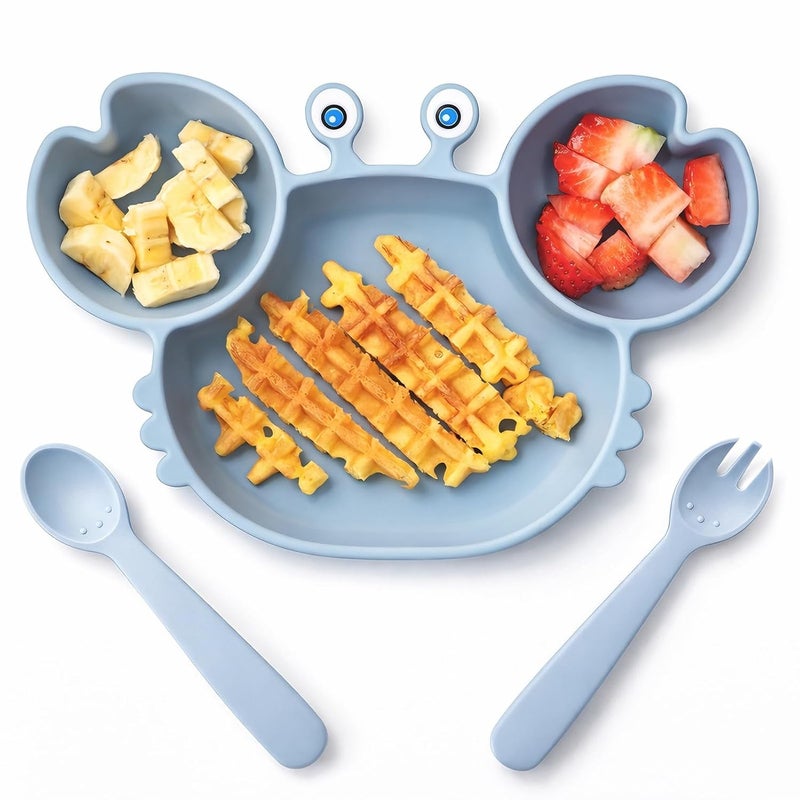 ROCCED Suction Plates for Baby, Silicone Plates with Suction Divided, Baby Spoon Fork Set for Toddler Baby Dishes Kids Utensils-Crab Dusty Blue - Image 1