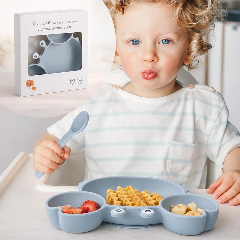 ROCCED Suction Plates for Baby, Silicone Plates with Suction Divided, Baby Spoon Fork Set for Toddler Baby Dishes Kids Utensils-Crab Dusty Blue - Image 5