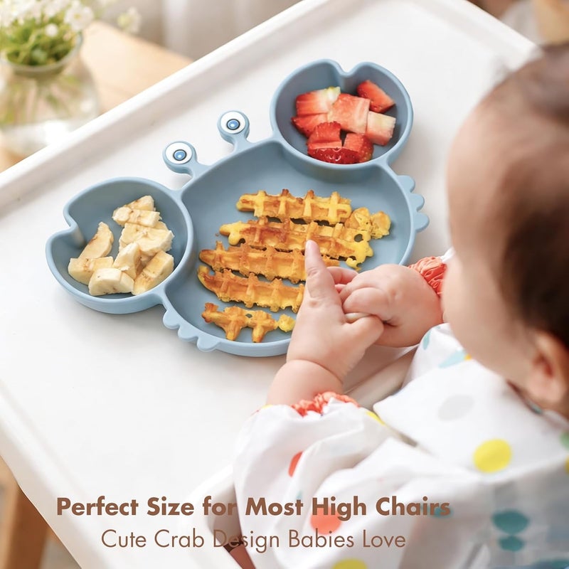 ROCCED Suction Plates for Baby, Silicone Plates with Suction Divided, Baby Spoon Fork Set for Toddler Baby Dishes Kids Utensils-Crab Dusty Blue - Image 3