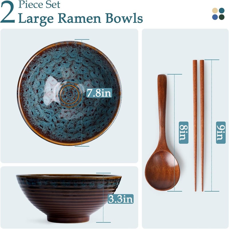 NUTRIUPS 8 Inch Ceramic Ramen Bowl Set of 2 Pho Bowls Japanese Noodle Udon Soup Bowls with Spoons and Chopsticks (Peacock Tail) - Image 2