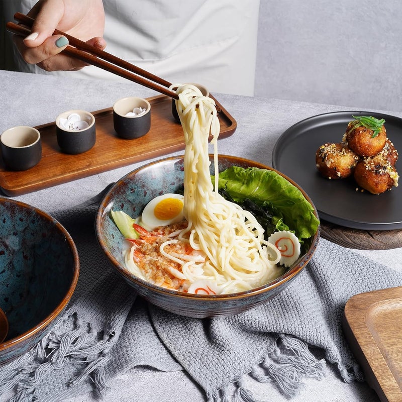NUTRIUPS 8 Inch Ceramic Ramen Bowl Set of 2 Pho Bowls Japanese Noodle Udon Soup Bowls with Spoons and Chopsticks (Peacock Tail) - Image 3