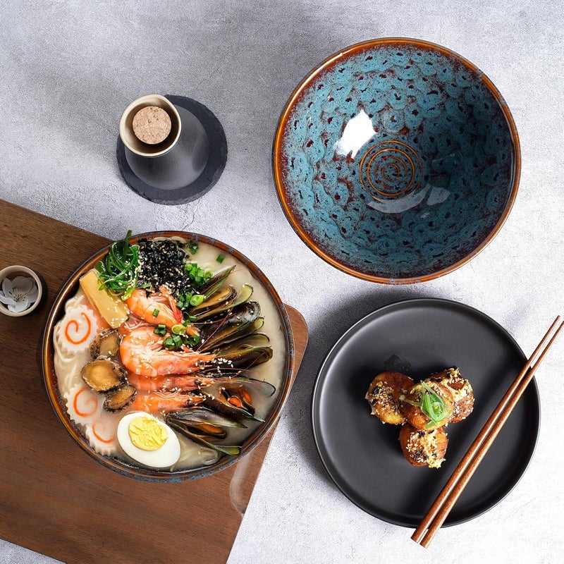 NUTRIUPS 8 Inch Ceramic Ramen Bowl Set of 2 Pho Bowls Japanese Noodle Udon Soup Bowls with Spoons and Chopsticks (Peacock Tail) - Image 5