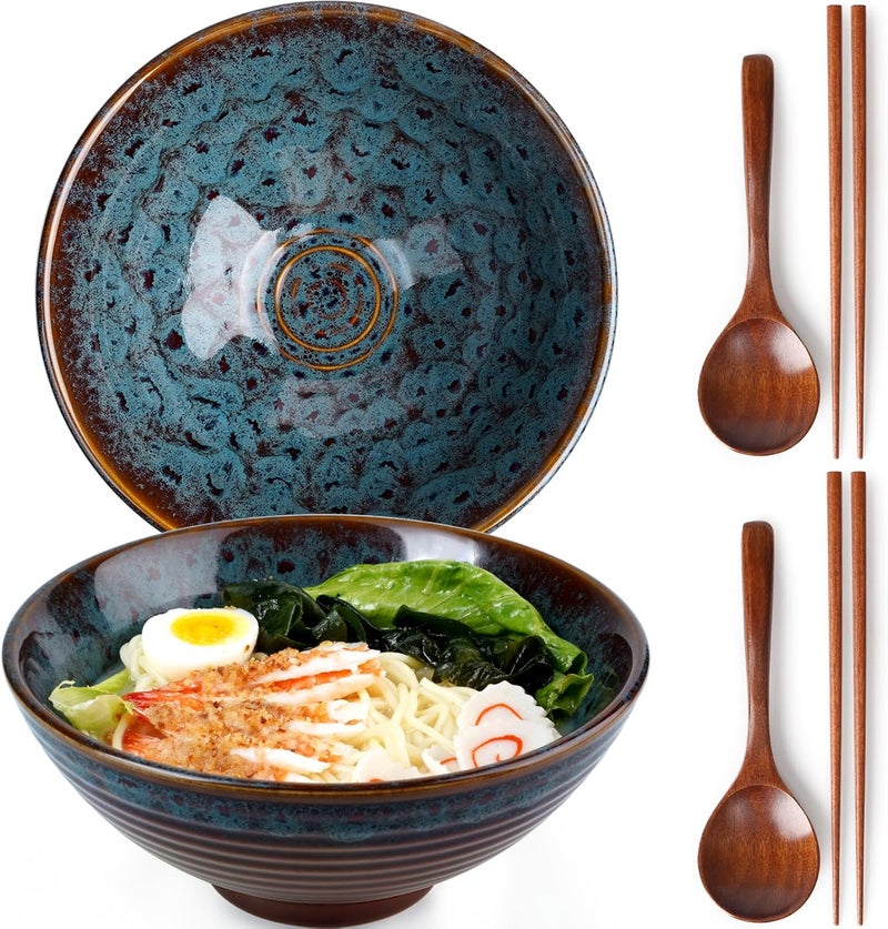 NUTRIUPS 8 Inch Ceramic Ramen Bowl Set of 2 Pho Bowls Japanese Noodle Udon Soup Bowls with Spoons and Chopsticks (Peacock Tail) - Image 1