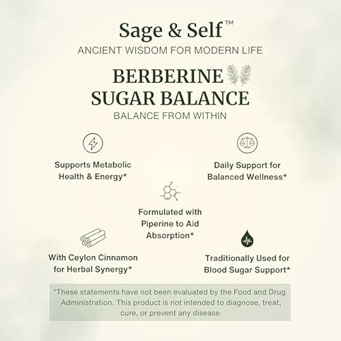 Sage & Self Berberine Sugar Balance – Berberine HCL with Ceylon Cinnamon & Black Pepper – 1000 mg Per Serving – Vegan Herbal Supplement (60 Capsules) - Image 2