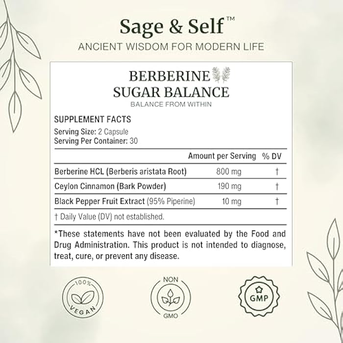 Sage & Self Berberine Sugar Balance – Berberine HCL with Ceylon Cinnamon & Black Pepper – 1000 mg Per Serving – Vegan Herbal Supplement (60 Capsules) - Image 3
