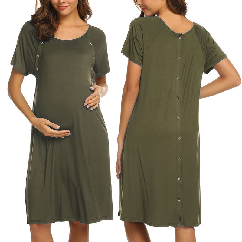 Ekouaer Womens, Maternity Nightgown Nightshirt with Snap, Nursing/Delivery/Labor/Hospital Nightdress, Short Sleeve, Army Green, Medium - Image 1