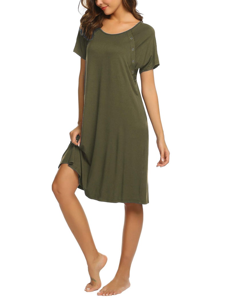 Ekouaer Womens, Maternity Nightgown Nightshirt with Snap, Nursing/Delivery/Labor/Hospital Nightdress, Short Sleeve, Army Green, Medium - Image 4