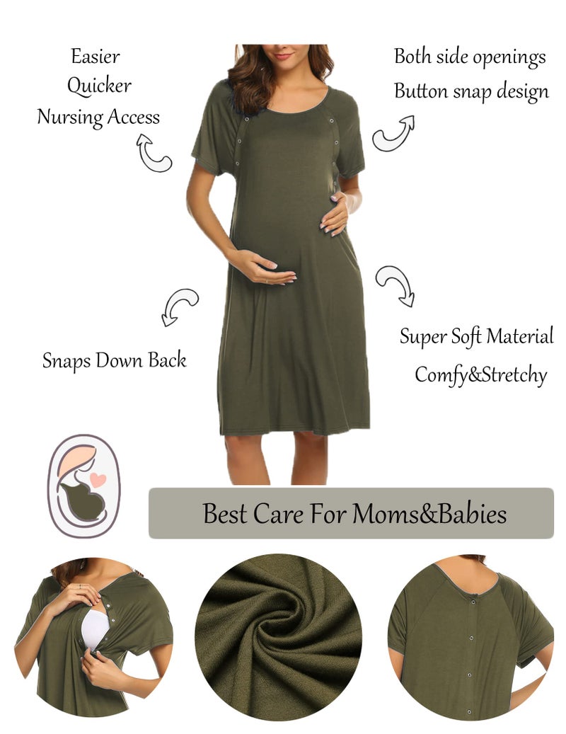 Ekouaer Womens, Maternity Nightgown Nightshirt with Snap, Nursing/Delivery/Labor/Hospital Nightdress, Short Sleeve, Army Green, Medium - Image 2