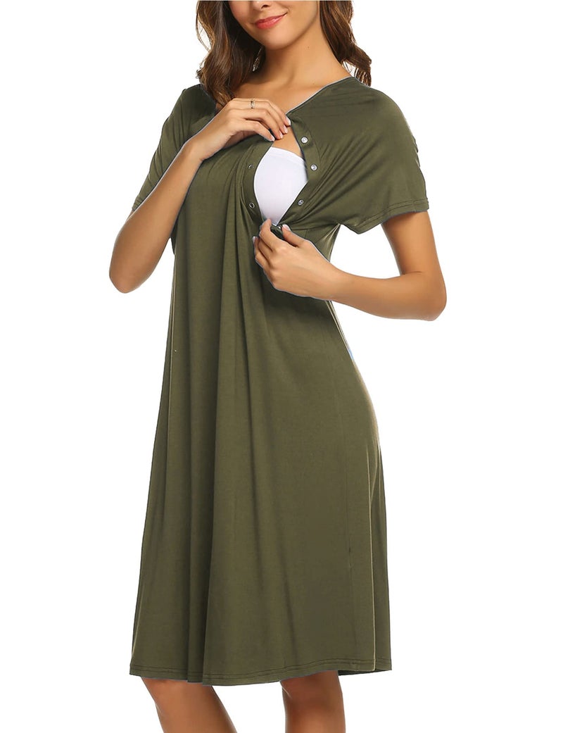 Ekouaer Womens, Maternity Nightgown Nightshirt with Snap, Nursing/Delivery/Labor/Hospital Nightdress, Short Sleeve, Army Green, Medium - Image 3