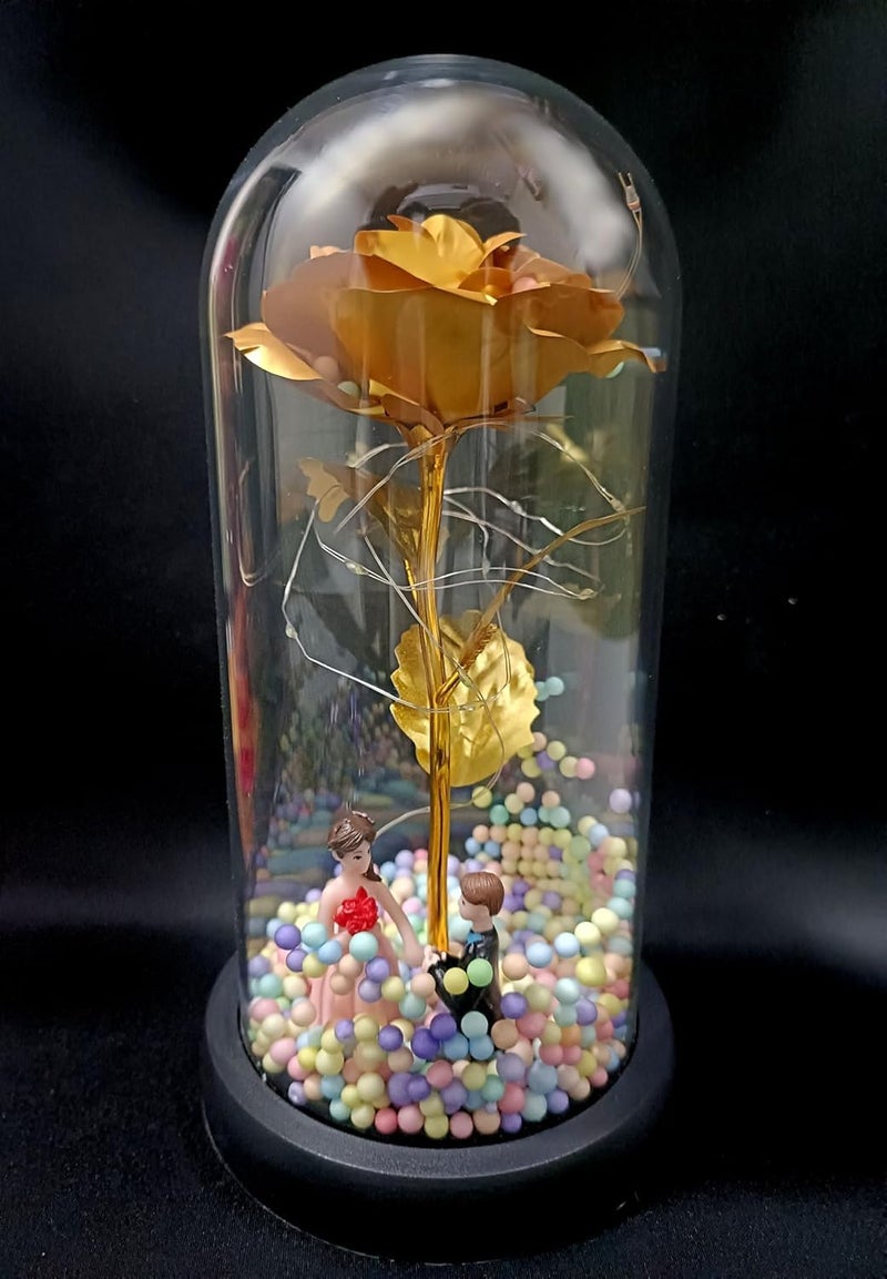 PRETOX Forever Golden Rose Couple in A Glass Dome with Led Light ternal Rose Galaxy Rose Flower Best Surprice On Valentines Day Anniversary Birthday Christmas Pack of 1 - Image 1