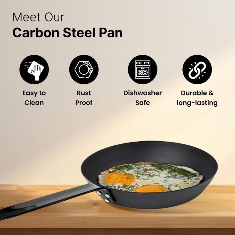 Homestic Non-Stick Carbon Steel Frying Pan with Handle | Lightweight Pan for Omelettes & Fish Cooking & Tadka | Scratch Resistent, Gas & Induction Compatible | Black-KSG002-BLK - Image 3