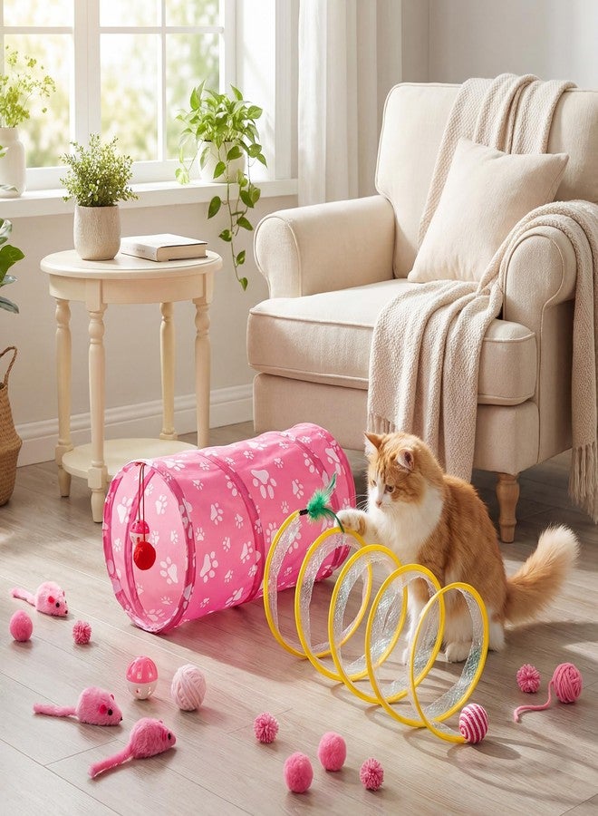 Leitee Cat Toys for Indoor Cats Kitten, Variety Set with 2 Cat Tunnel Collapsible Cats Spring Tube, Feather Teaser Wand, Bell, Mouse, Fuzzy Ball (Pink) - Image 5