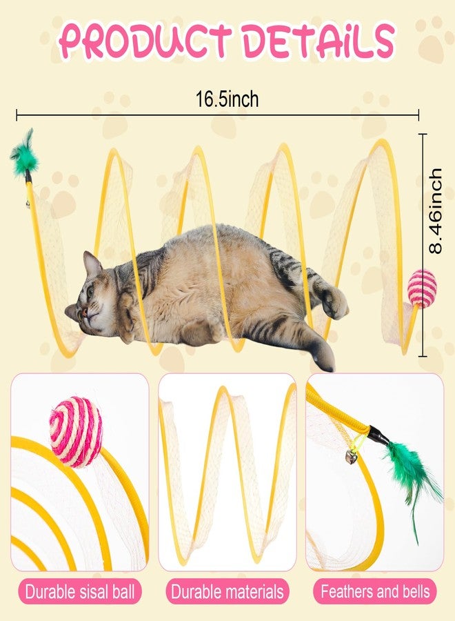 Leitee Cat Toys for Indoor Cats Kitten, Variety Set with 2 Cat Tunnel Collapsible Cats Spring Tube, Feather Teaser Wand, Bell, Mouse, Fuzzy Ball (Pink) - Image 4
