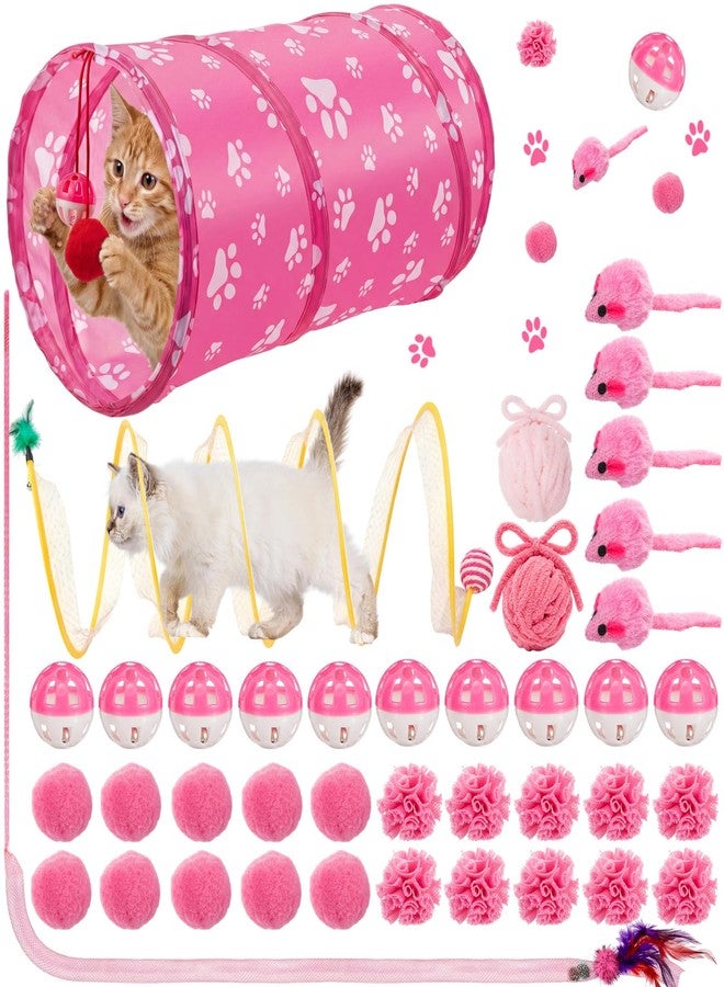Leitee Cat Toys for Indoor Cats Kitten, Variety Set with 2 Cat Tunnel Collapsible Cats Spring Tube, Feather Teaser Wand, Bell, Mouse, Fuzzy Ball (Pink) - Image 1