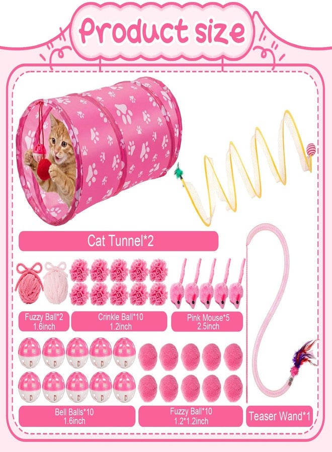 Leitee Cat Toys for Indoor Cats Kitten, Variety Set with 2 Cat Tunnel Collapsible Cats Spring Tube, Feather Teaser Wand, Bell, Mouse, Fuzzy Ball (Pink) - Image 2