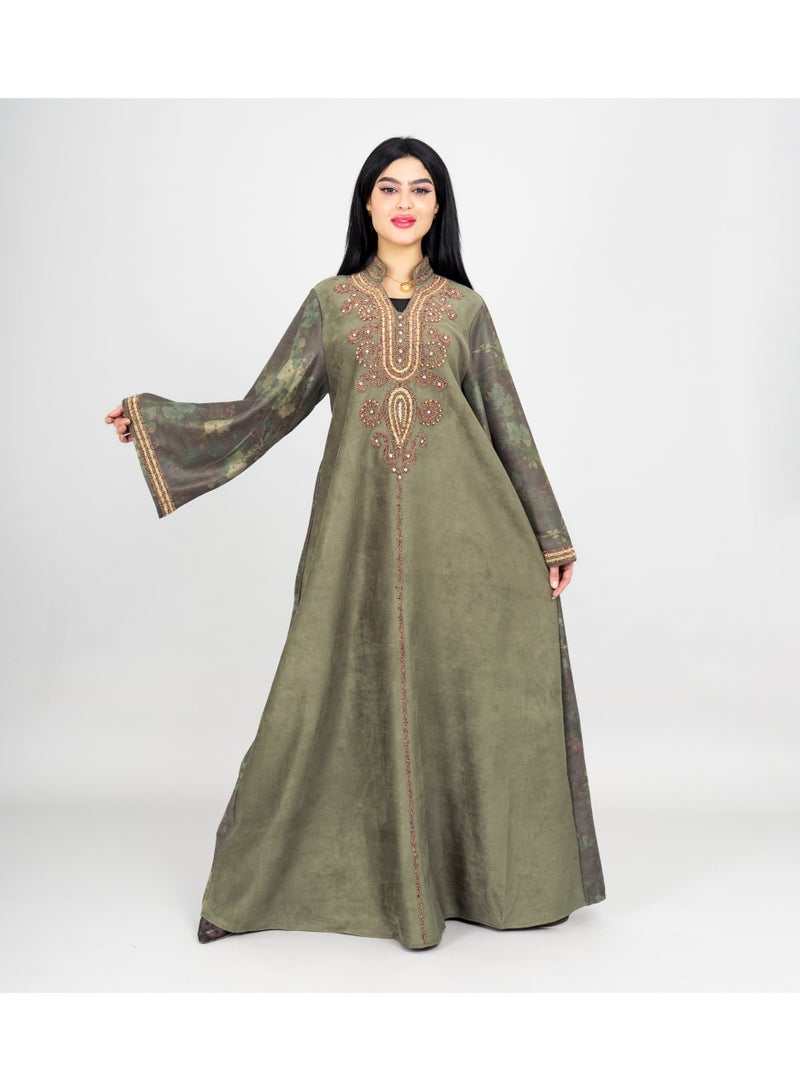 IKKXA Winter Colorful Beads Embroidery Jalabiya IK1070 Green - Image 1