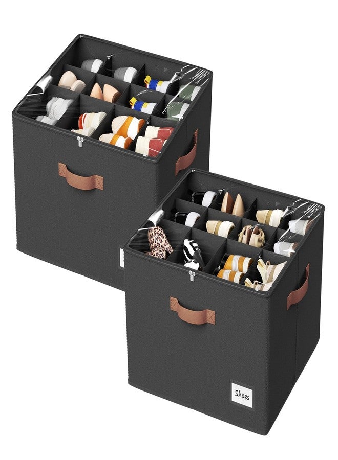 PHINOX Shoe Organizer for Closet, 2 Pack Fabric Shoe Organizer Storage Box, Shoe Storage Containers with Clear Cover, Closet Shoe Storage for Boots Sandals Slippers,Fits 16-32 Pairs, Black - Image 1