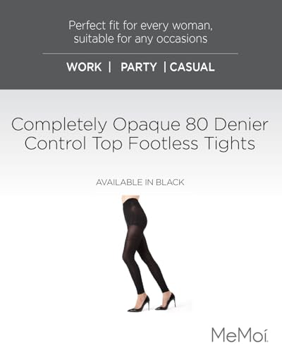 MeMoi Completely Opaque Control Top Footless Tights for Women, Comfortable Control Top Tights, 80 Denier - Sizes Small to Q2, Black, Small/Medium - Image 2
