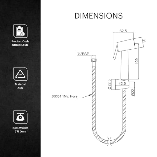 Johnson Bathrooms Platina Health Faucet with 1 Metre Stainless Steel (SS304) Hose Pipe & Wall Hook| ABS Premium Jet Spray for Toilet | 1 Yr Warranty (S1648CAMZ - Chrome Colour) - Image 4