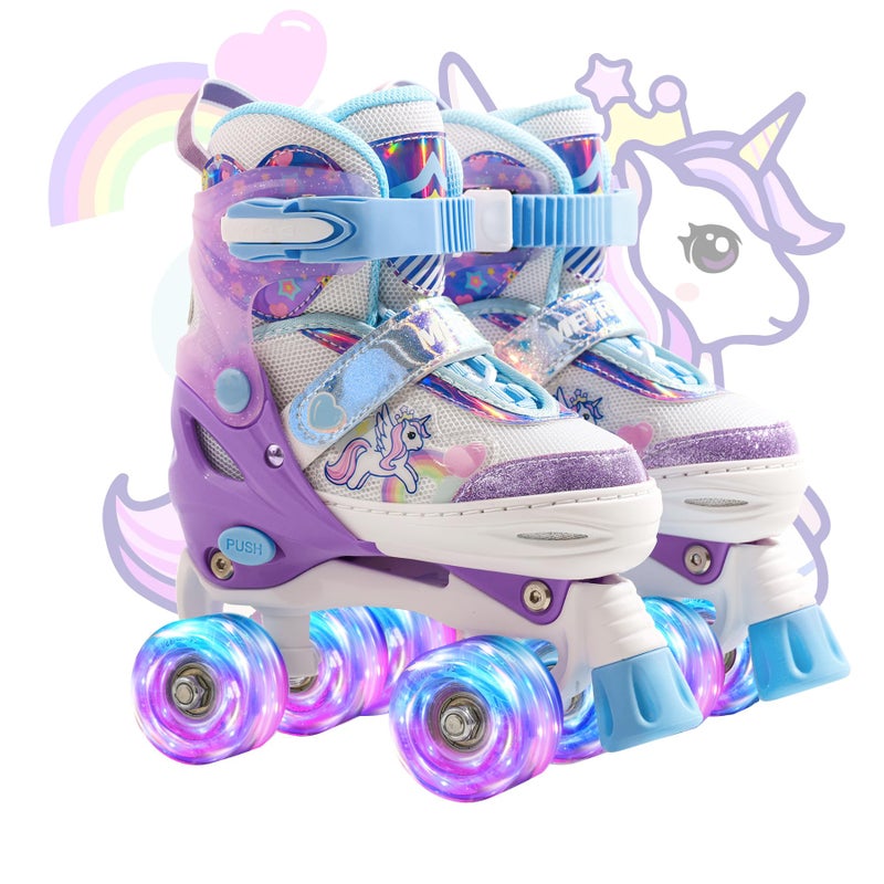 METROLLER Kids Roller Skates Girls Ages 4-6 5-8 8-12 Adjustable Toddler Roller Skates Shining Wheels Little Unicorn Sports Outdoors (Purple & White, Small-Little Kid (10c-13c US)) - Image 1