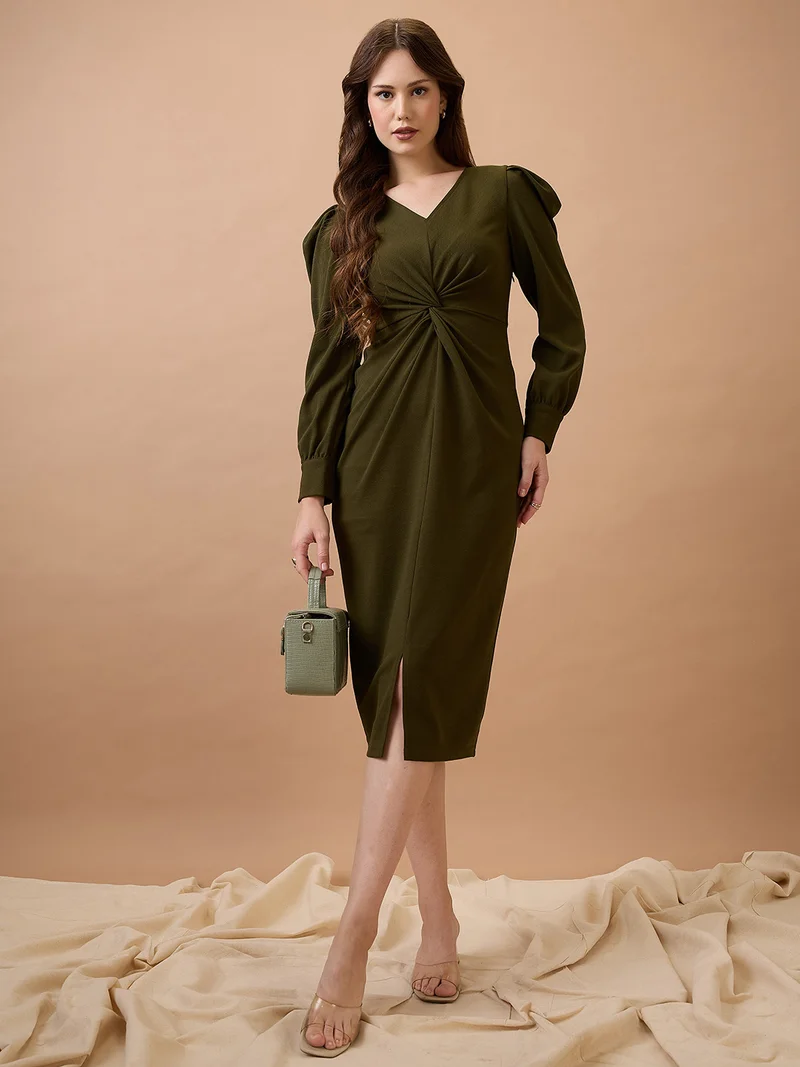 globus Women V-Neck Cuffed Sleeves Twisted Detail Midi Bodycon Party Dress