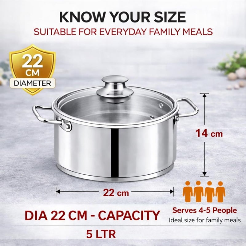 Mega Super Pot, 22 cm (5 Ltr) Stainless Steel Cooking Pot/Casserole – Durable Handles, Glass Lid, Sandwich Bottom for Even Heating, Sleek Modern Design for Efficient and Stylish Cooking (22cm) - Image 4