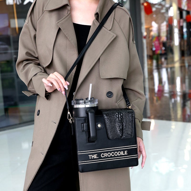 New Thermos Cup Bag Outdoor Crocodile Pattern English Water Cup Bag Shoulder Crossbody Beverage Bottle Storage Bag For Women - Image 1