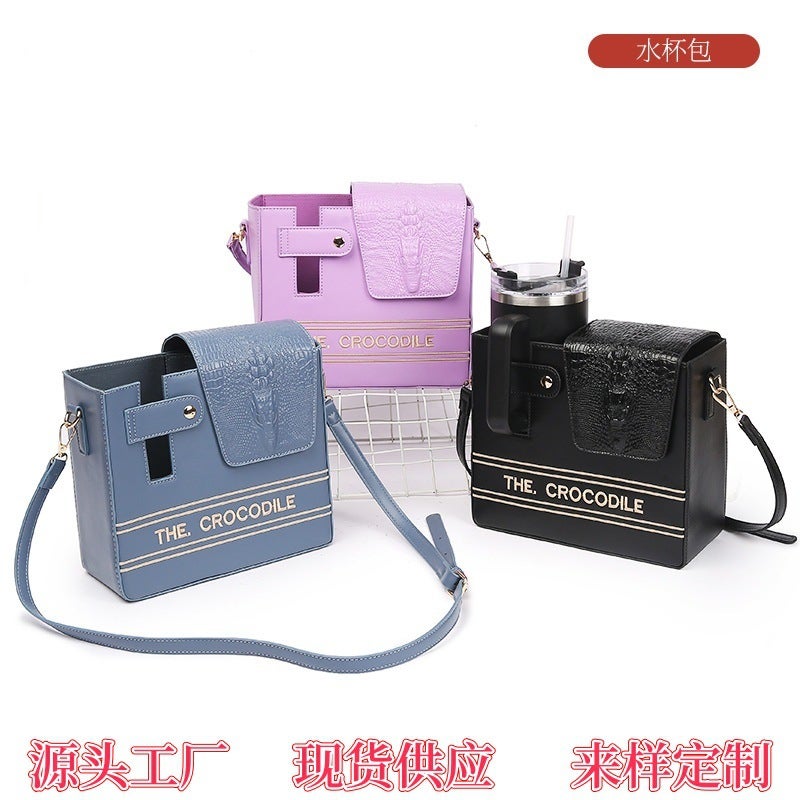 New Thermos Cup Bag Outdoor Crocodile Pattern English Water Cup Bag Shoulder Crossbody Beverage Bottle Storage Bag For Women - Image 3