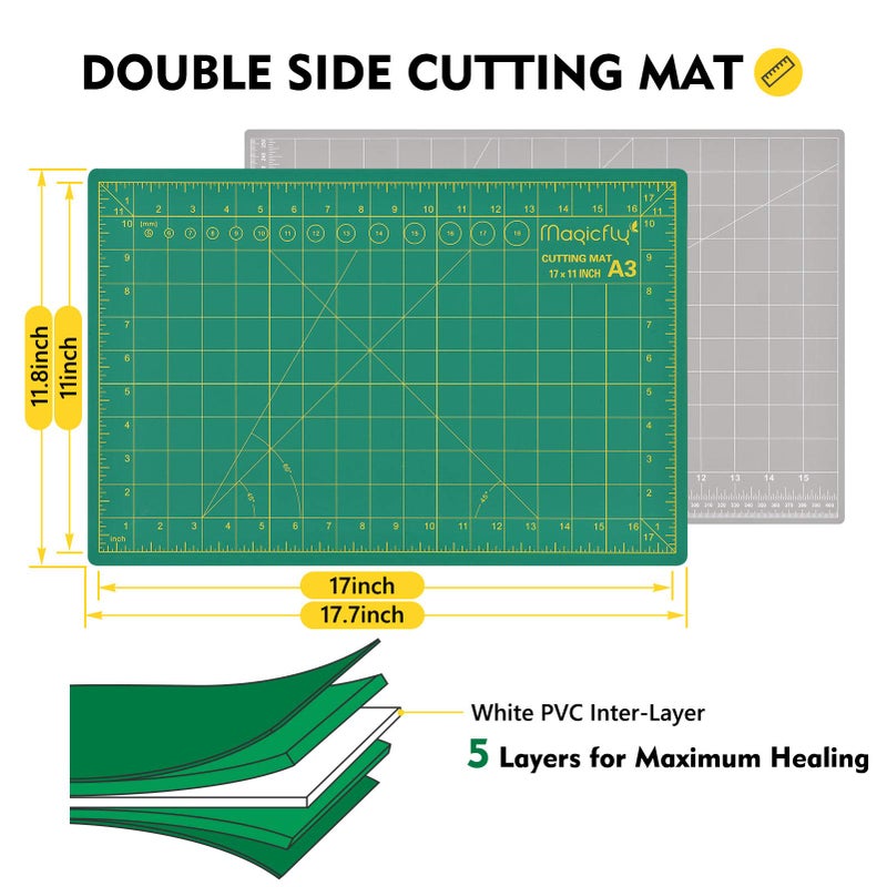 Magicfly Rotary Cutter Set, 45mm and 28mm Fabric Cutters Kit with Extra 10 Blades, A3 Double-sided Self Healing Cutting Mat, 12x6 Inch Quilting Ruler for Sewing, Fabric Cutting, Art Crafting - Image 3