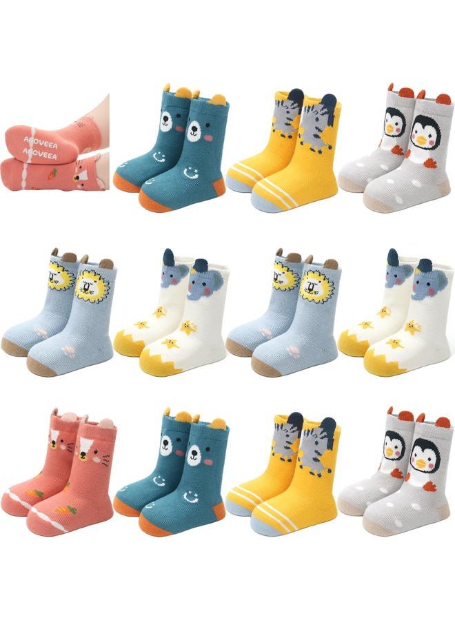 Aroveea Non Slip Grip Ankle Baby Socks 12 Pack for Toddler Boys and Girls Kids,Infant Cute Cotton Baby Socks, Animal2, 5-7 Years - Image 1