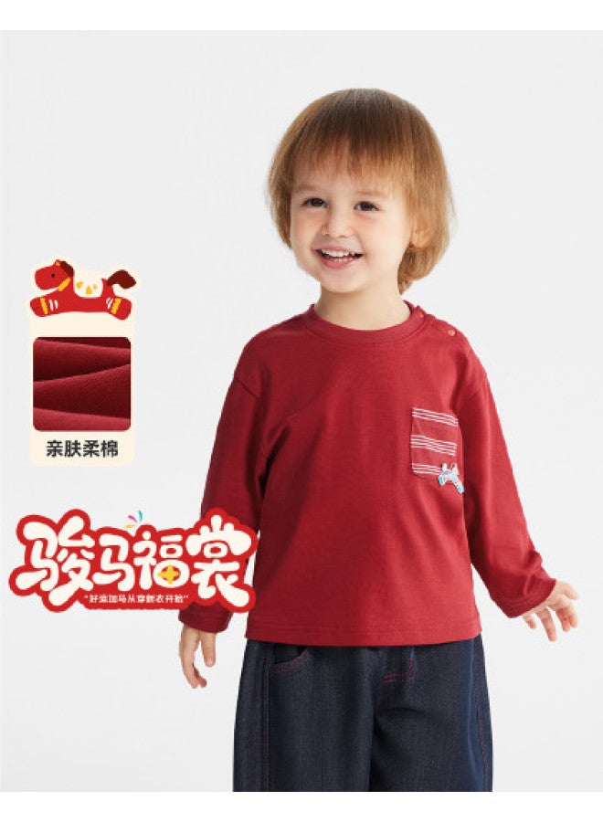 Soft Cotton] Baby T-shirt Long Sleeve Boys Red New Year Children's Base Layer 2026 New Girls - Image 1