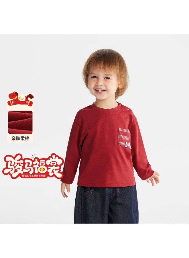 Soft Cotton] Baby T-shirt Long Sleeve Boys Red New Year Children's Base Layer 2026 New Girls - Image 2