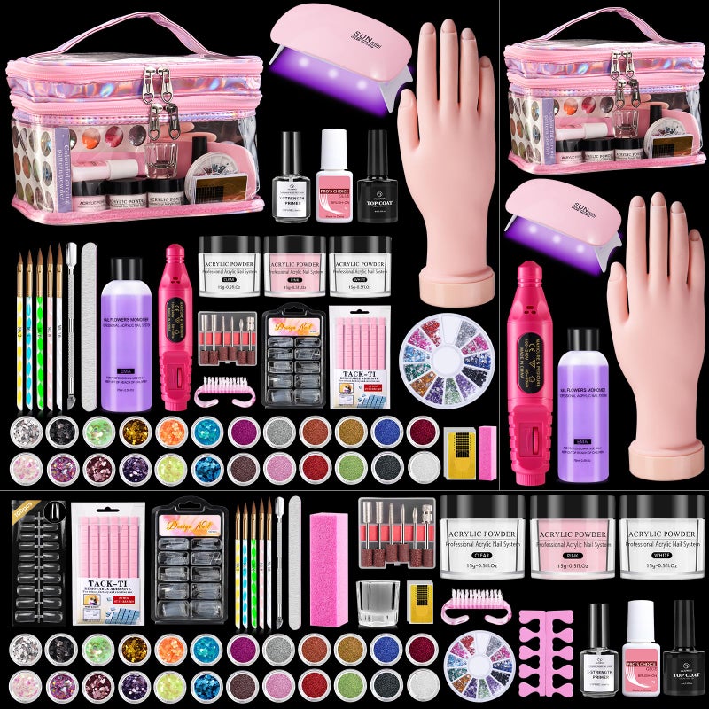 Wilfniee Nail Kit for Beginners with Everything Practice Nail Hand Acrylic Set Professional Powder Liquid Starter Kits with Drill UV Lamp in Cosmetic Gift Bag for Salon Home Pink - Image 2