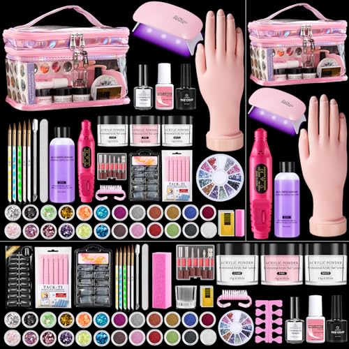 Wilfniee Nail Kit for Beginners with Everything Practice Nail Hand Acrylic Set Professional Powder Liquid Starter Kits with Drill UV Lamp in Cosmetic Gift Bag for Salon Home Pink - Image 1