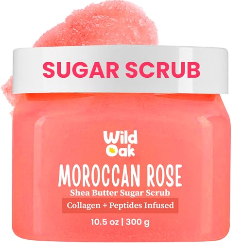WILD OAK WildOak Moroccan Rose Sugar Body Scrub | 300gm | Exfoliating, Moisturising & Brightening | Tan Removal & Strawberry Skin | With Shea Butter, Alpha Arbutin, Kojic & Hyaluronic Acid | Body Polish Scrub - Image 1