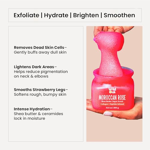 WILD OAK WildOak Moroccan Rose Sugar Body Scrub | 300gm | Exfoliating, Moisturising & Brightening | Tan Removal & Strawberry Skin | With Shea Butter, Alpha Arbutin, Kojic & Hyaluronic Acid | Body Polish Scrub - Image 3