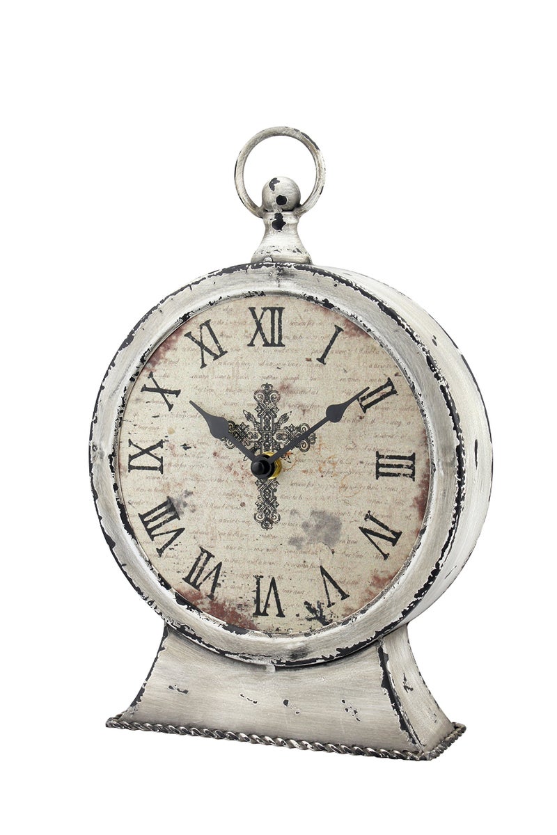 Stonebriar Large 12 Inch Decorative Battery Operated Table Top Clock with Roman Numerals and Antique Finish 12 Worn White