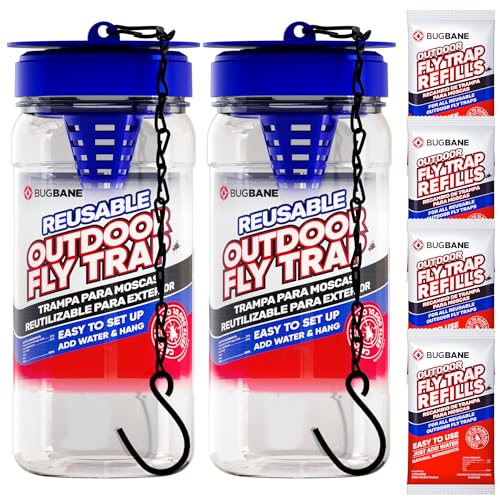 BugBane 2 Fly Traps Outdoor Fly Trap for Patio with 4 Non-Toxic Dissolvable Bait Refills. Reusable Hanging Bug Catcher Killer for All Filth Flies for Outside Bug Control Yard Ranch. Hanging Chains Included - Image 1