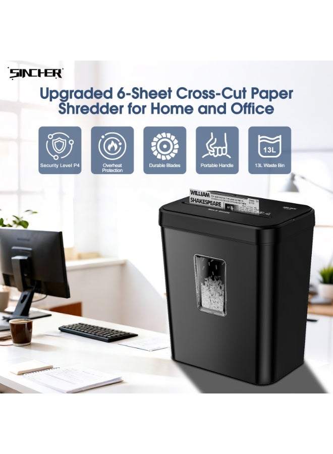 سنشر آلة تمزيق الورق SINCHER ذات 6 شفرات، مستوى أمان P-4، أوضاع تشغيل تلقائي/يدوي، حماية من السخونة الزائدة، مقاومة للانحشار، سلة مهملات سعة 13 لتر مع نافذة ومقبض حمل، تمزق الورق والبطاقات للاستخدام المنزلي والمكتبي - Image 2