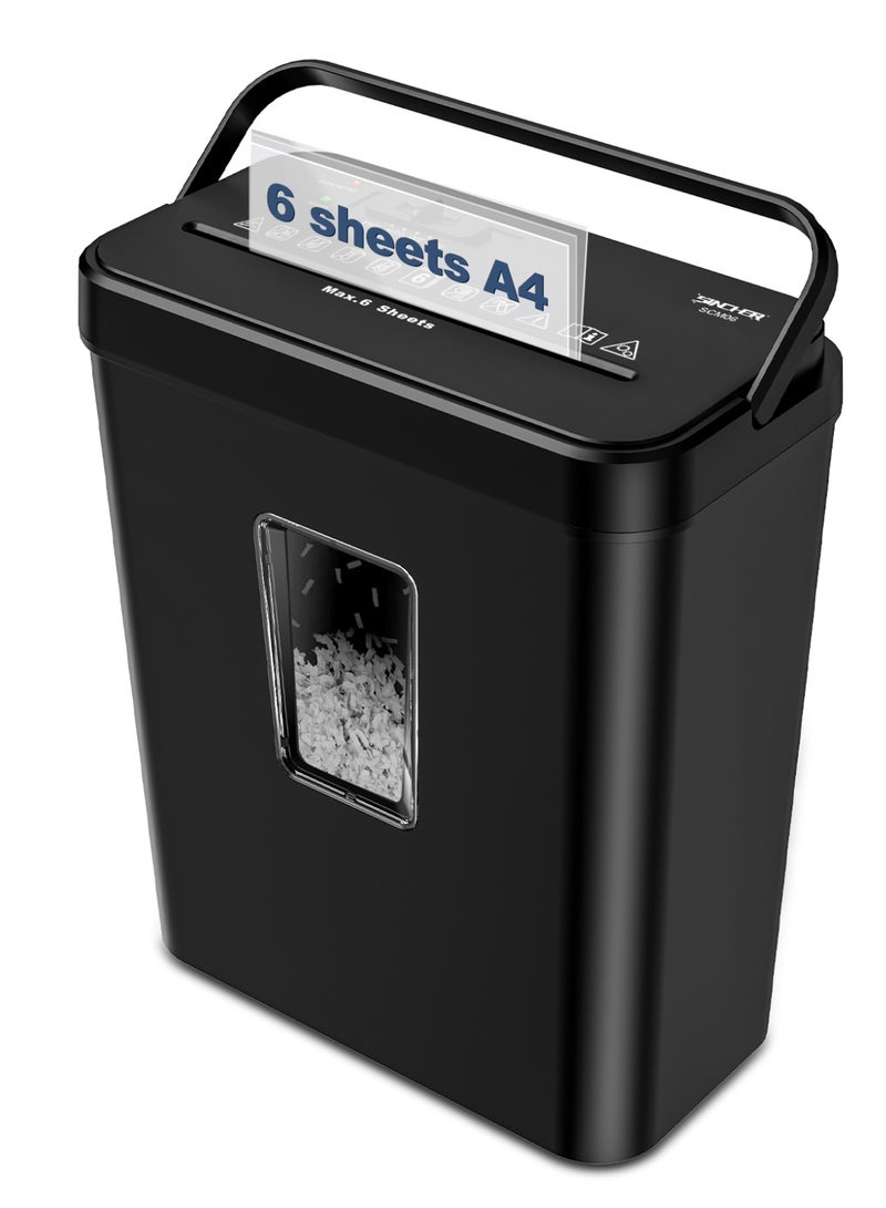 سنشر آلة تمزيق الورق SINCHER ذات 6 شفرات، مستوى أمان P-4، أوضاع تشغيل تلقائي/يدوي، حماية من السخونة الزائدة، مقاومة للانحشار، سلة مهملات سعة 13 لتر مع نافذة ومقبض حمل، تمزق الورق والبطاقات للاستخدام المنزلي والمكتبي - Image 1