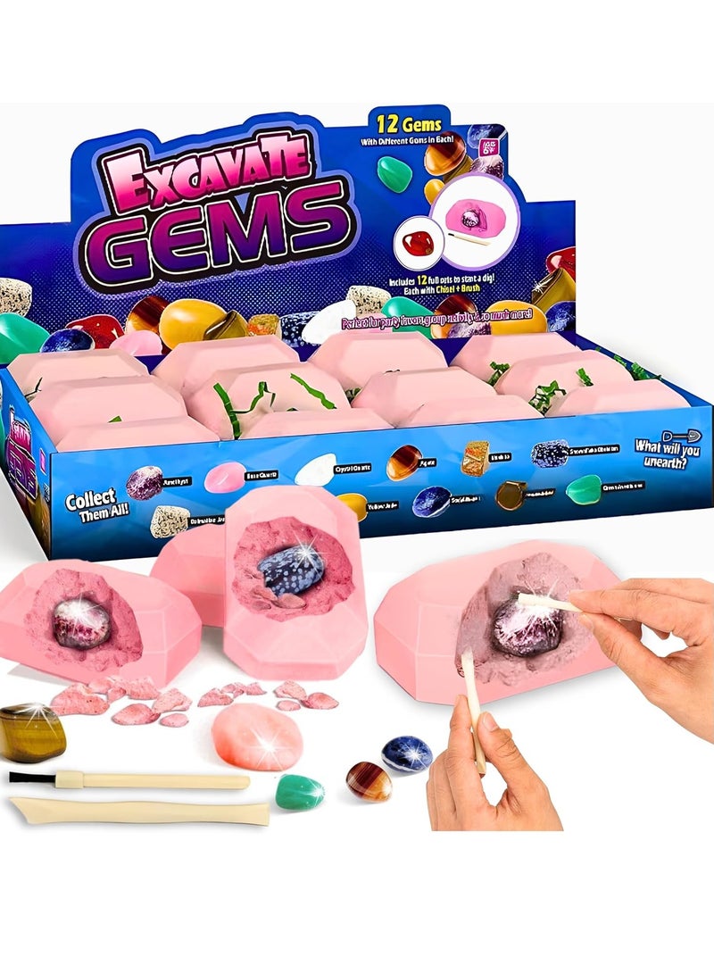 ARGT طقم حفر الأحجار الكريمة - 12 حجر كريم حقيقي وطقم تعدين الكريستال للأطفال - لعبة علمية في العلوم والتاريخ والجيولوجيا مع أدوات الحفر - هدية تعليمية ممتعة للأولاد والبنات من عمر 6 سنوات وما فوق - Image 1