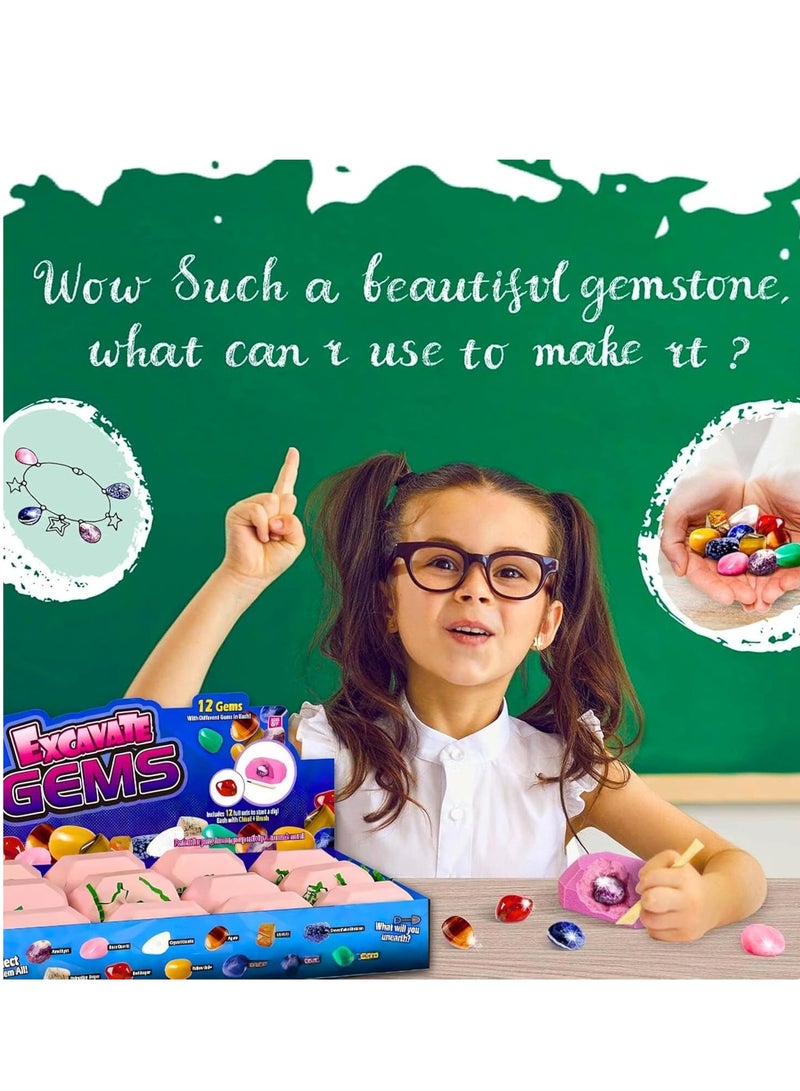 ARGT طقم حفر الأحجار الكريمة - 12 حجر كريم حقيقي وطقم تعدين الكريستال للأطفال - لعبة علمية في العلوم والتاريخ والجيولوجيا مع أدوات الحفر - هدية تعليمية ممتعة للأولاد والبنات من عمر 6 سنوات وما فوق - Image 3
