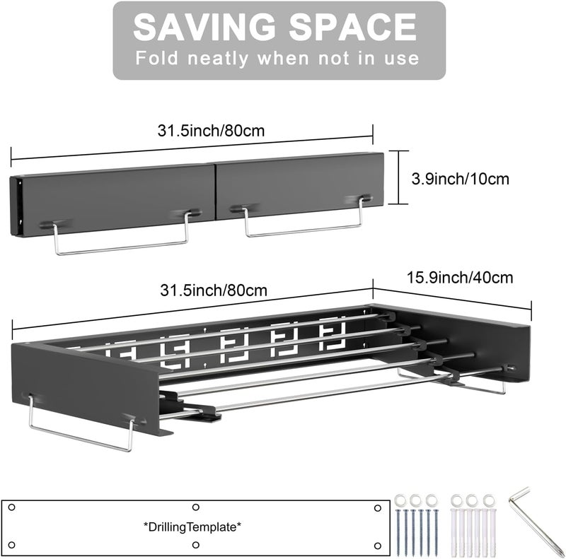 رف تجفيف الملابس المثبت على الحائط، رف تجفيف ملابس من الفولاذ المقاوم للصدأ قابل للتمديد، رف تجفيف الملابس قابل للطي، مناسب للاستخدام داخليًا وخارجيًا، سعة التحميل 60 رطل (أسود، طول 80 سم) - Image 2