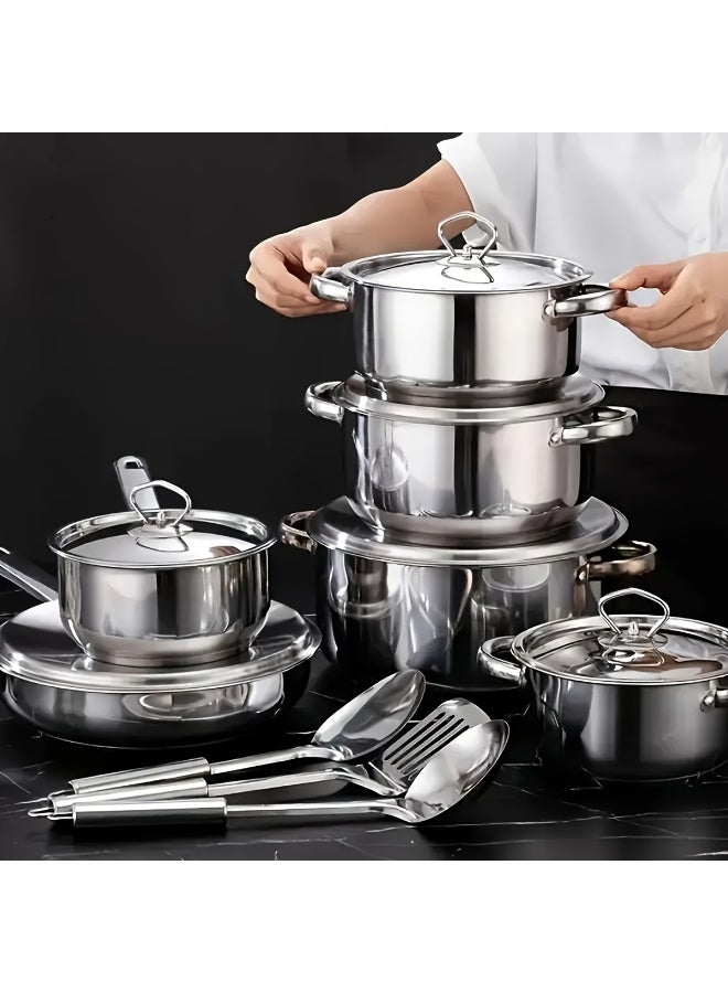 15pcs Stainless Steel Cookware Set,Professional Quality Household And Commercial Kitchen Cookware, Kitchen Cookware Set And Utensils,Dishwasher Safe, Essential For Holiday Cooking - Image 3