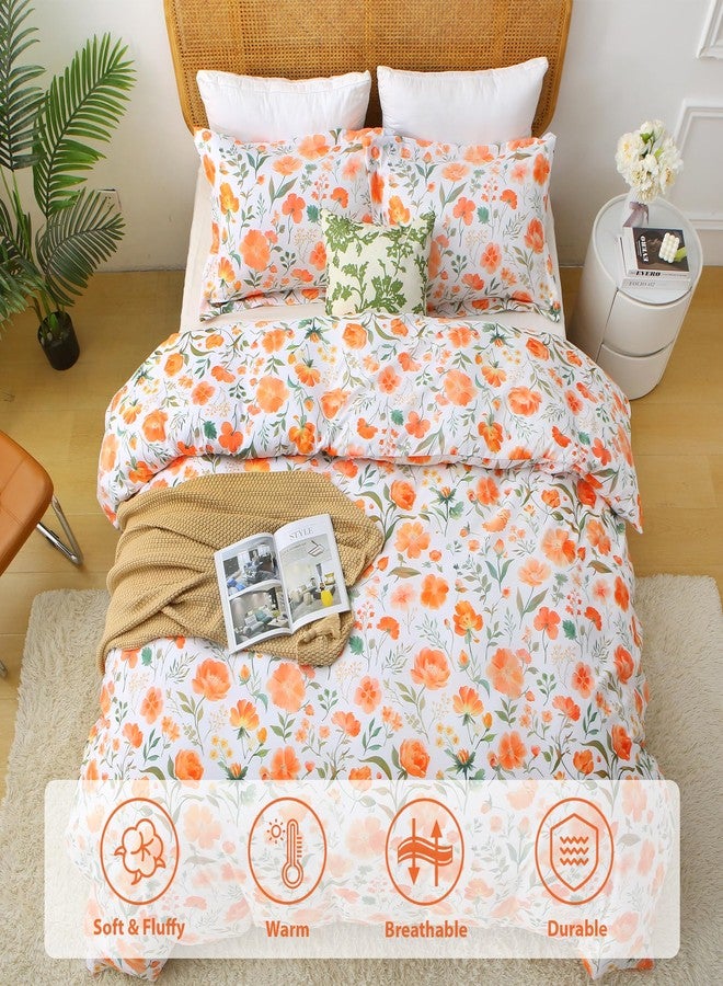 Mooreeke Floral Full Size Comforter Sets, Orange Flower Botanical Patterned Bedding for All Seasons, 3-Piece Vintage Bed in a Bag with Fluffy Quilted Reversible Comforter & 2 Pillow Shams - Image 2