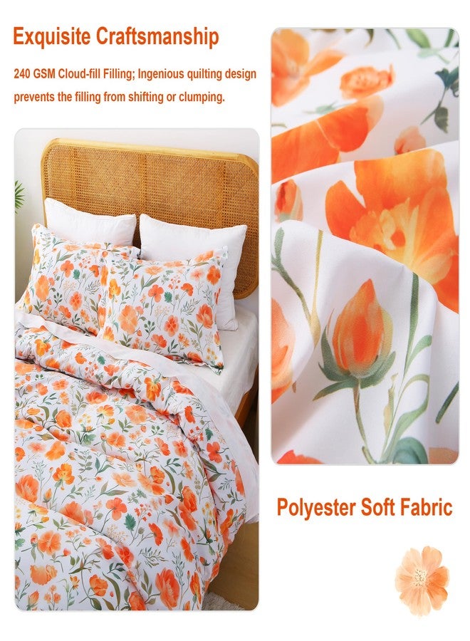 Mooreeke Floral Full Size Comforter Sets, Orange Flower Botanical Patterned Bedding for All Seasons, 3-Piece Vintage Bed in a Bag with Fluffy Quilted Reversible Comforter & 2 Pillow Shams - Image 3